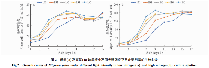 不同条件下光照和氮交互对谷皮菱形藻生长和硝酸还原酶活性的影响